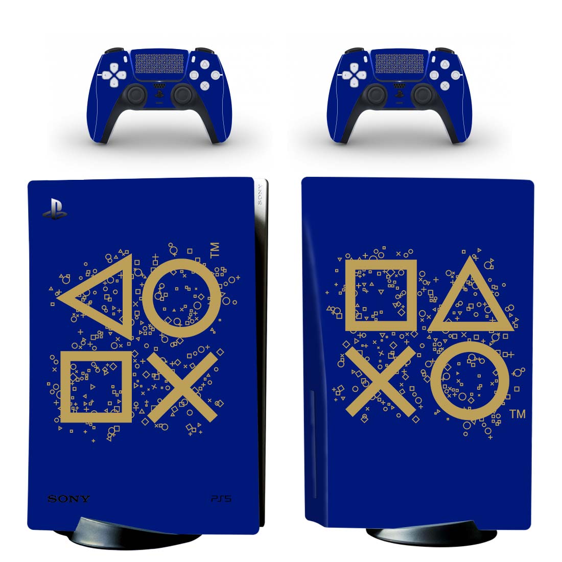 Golden Playstation Symbols On Blue PS5 Skin Sticker