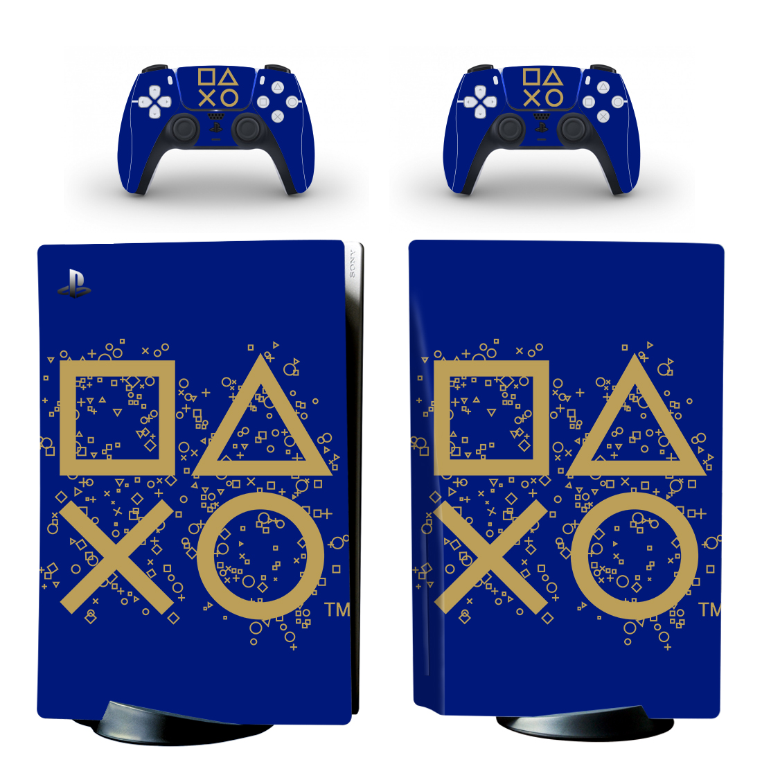 Golden Playstation Symbols On Blue PS5 Skin Sticker Design 1