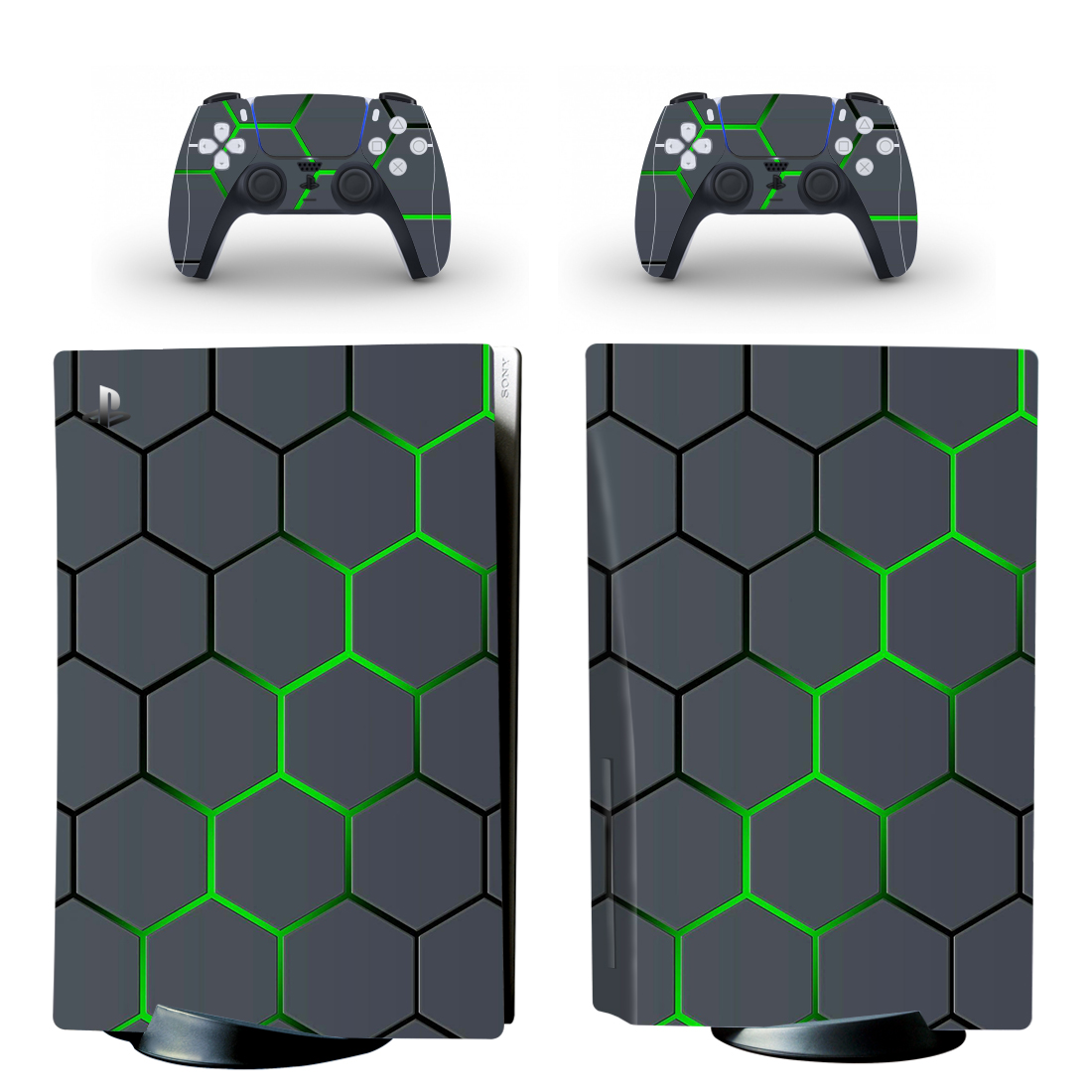 Dark Grey And Green Hexagon Pattern PS5 Skin Sticker